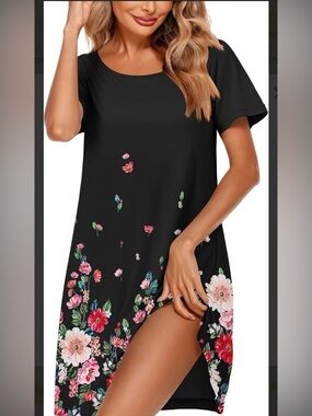 Ekouaer Soft Floral Short Sleeve House/Patio Shirt Dress Knee Length Gown NWT